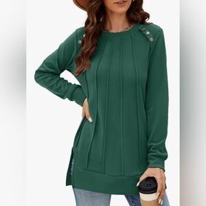 Green Sweatshirt Top with Side Splits & Brass Button Accents, XXL